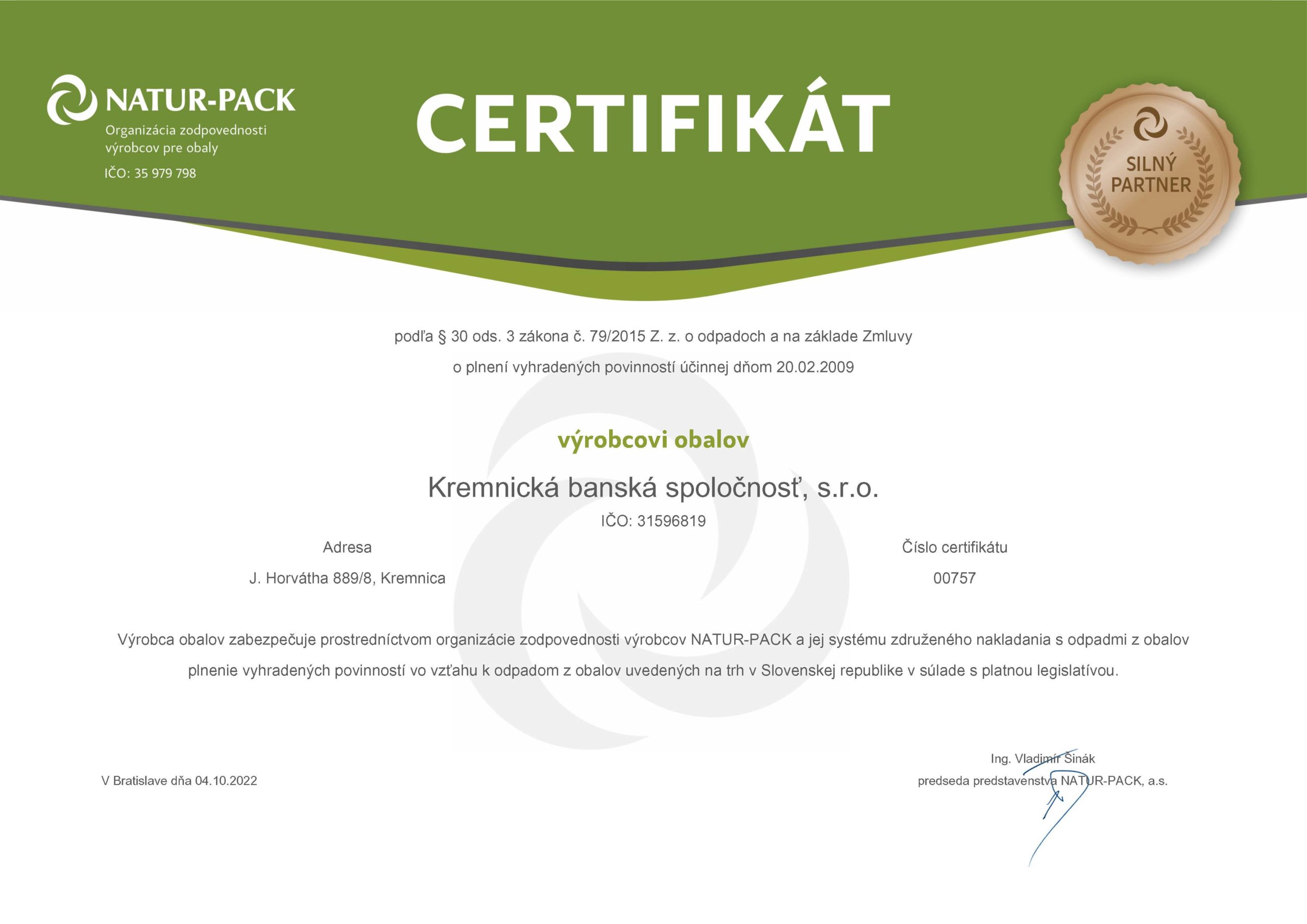 Certifikát výrobcovi obalov